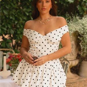 Peppermayo endless romance off the shoulder mini dress white polka dot